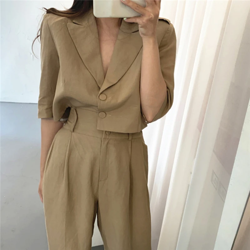 

2021 Summer Single Breasted Short Top Woman 2 Piece suit Ankle-Length Wide Leg Pants High Waist Casual Pants Short sleeve Sets