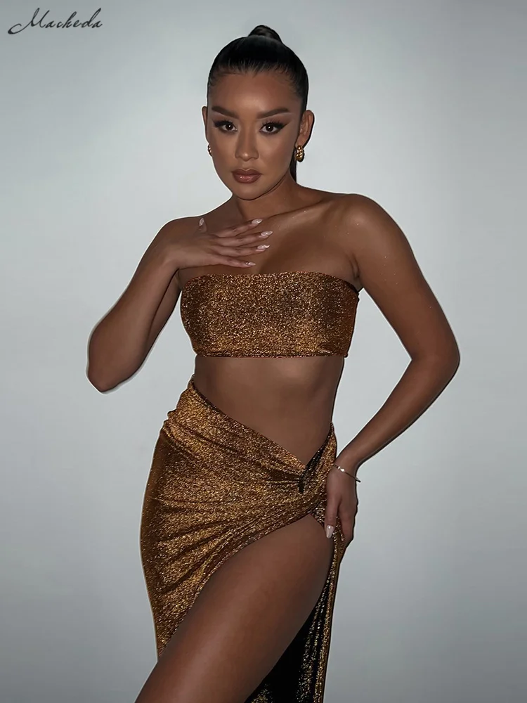 

Macheda/Новинка весны 2022 года; Облегающий укороченный топ с открытыми плечами в сочетании с юбкой выше колена с низкой талией