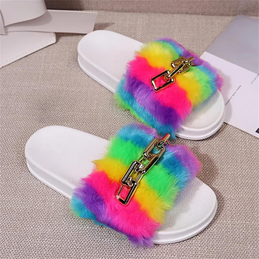 

New Fur Slippers Women 2021 Summer Autumn Rainbow Color Ladies Open Toe Comfortable Sandals With Chain Home Beach Flat Shoes