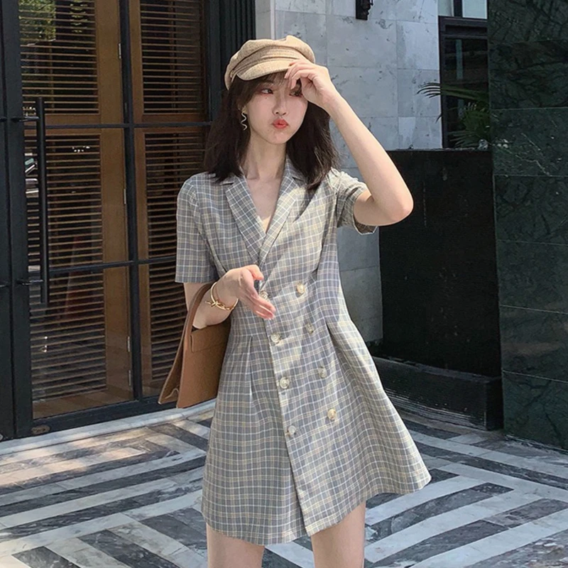 Платье в клетку для женщин Корейском стиле Стиль Элегантный шик Ins супер фея
