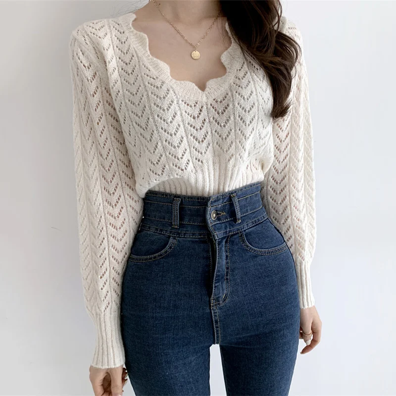 

Korean Women Sweater Pullover French Wave Edge V-neck Exposed Clavicle Hollow Out Loose Mohair Sweater Top