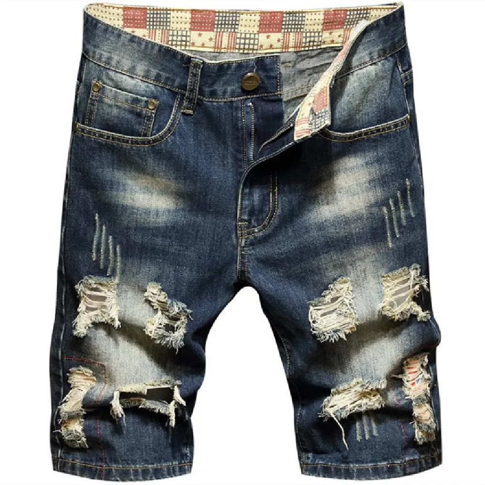 

New jean shorts summer Korean version fashion men's straight leg five-cent pants popular youth holes old bulletless jean pants