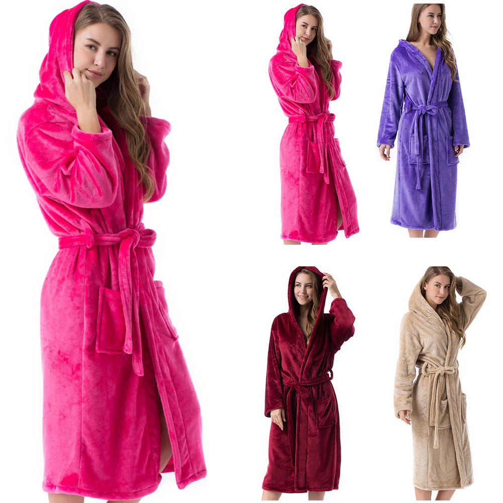 

Women Autumn Winter Hooded Pockets Shimmer Luxury Belt Warm Long Sleeve Midi Solid Night Flannel Dressing Gown Bath
