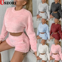 casual pink ladies comfort home wear plush suit round neck full sleeve sweatshirts crop topshorts tracksuit 2 pcs women clothes