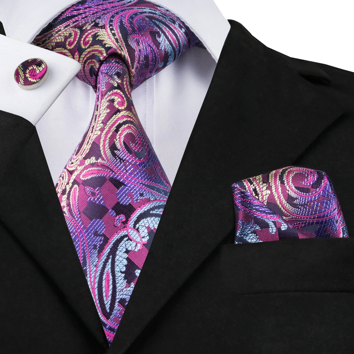 Hi-Tie Luxury Men's Tie Set Gold Navy Purple Paisley 100% Silk Necktie 8.5cm Ties For Men Handkerchief Cufflinks Wedding | Аксессуары