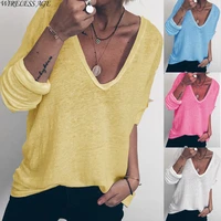 wireless age t shirt wome print v neck long sleeve casual solid color lady tops 2021 korean style summer new fashion daily wild