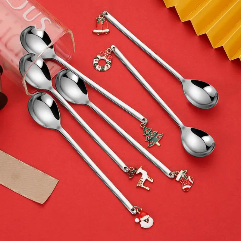 

6PCS Christmas Spoon Metal Scoops Home Party Gift Stainless Steel Tableware Bar Kitchen Christmas Decoration Table Coffee Scoops