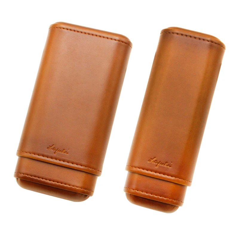 

Portable Cigar Humidor Brown Leather Cedar Cigar Case for 2 Tubes Mini Cigar Accessaries With Gift Box