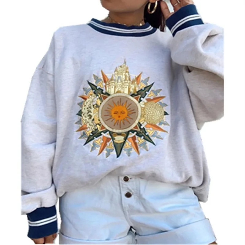 

Women Casual Hoodies Plus Size Sun Star Sweatershirts Casual Loose Pullover Cute Youg Girls Hoodies Female Clothes Gray Oversize