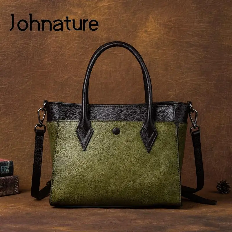 Johnature Simple Commuting Women Handbag 2022 New Genuine Leather Bag Versatile Soft Cowhide Casual Large Capacity Shoulder Bags