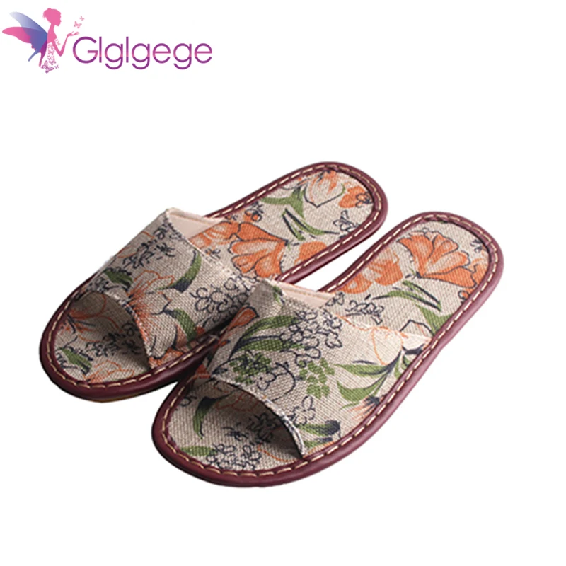 

Glglgege New Women Open toe canvas Indoor Slippers Embroider Floral Linen Home Flat Shoes Ladies Summer Non-slip Beach Slippers