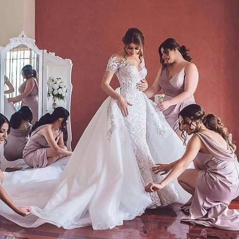 

Mermaid Wedding Dresses With Detachable Train Appliques Lace Short Sleeves Country Wedding Dress Custom Made Robe De Mariee
