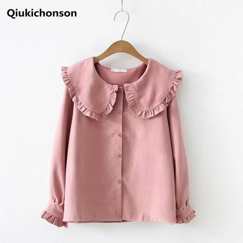 

Korean Fashion Cute Soft Girl Solid Color Frilly Peter Pan Collar Button Up Corduroy Shirt Long Sleeve Tops Women blusen damen