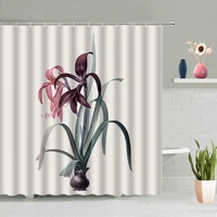 color flowers shower curtain tulip lily floral green leaves plant simple background decor cloth bathroom bathtub screen washable