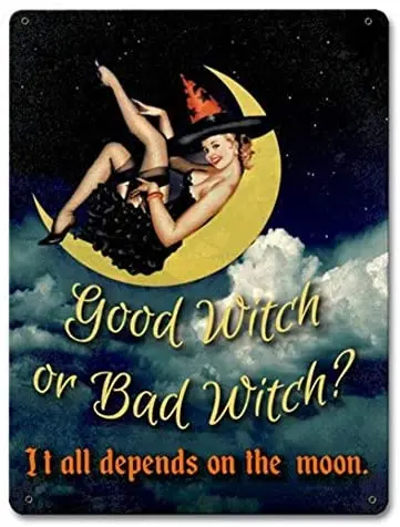 

Good Witch or Bad Witch, Witch Pin Up, Broomsticks Vintage Halloween Decor Inspired Metal Sign 8X12 Inches Wall Art Signs
