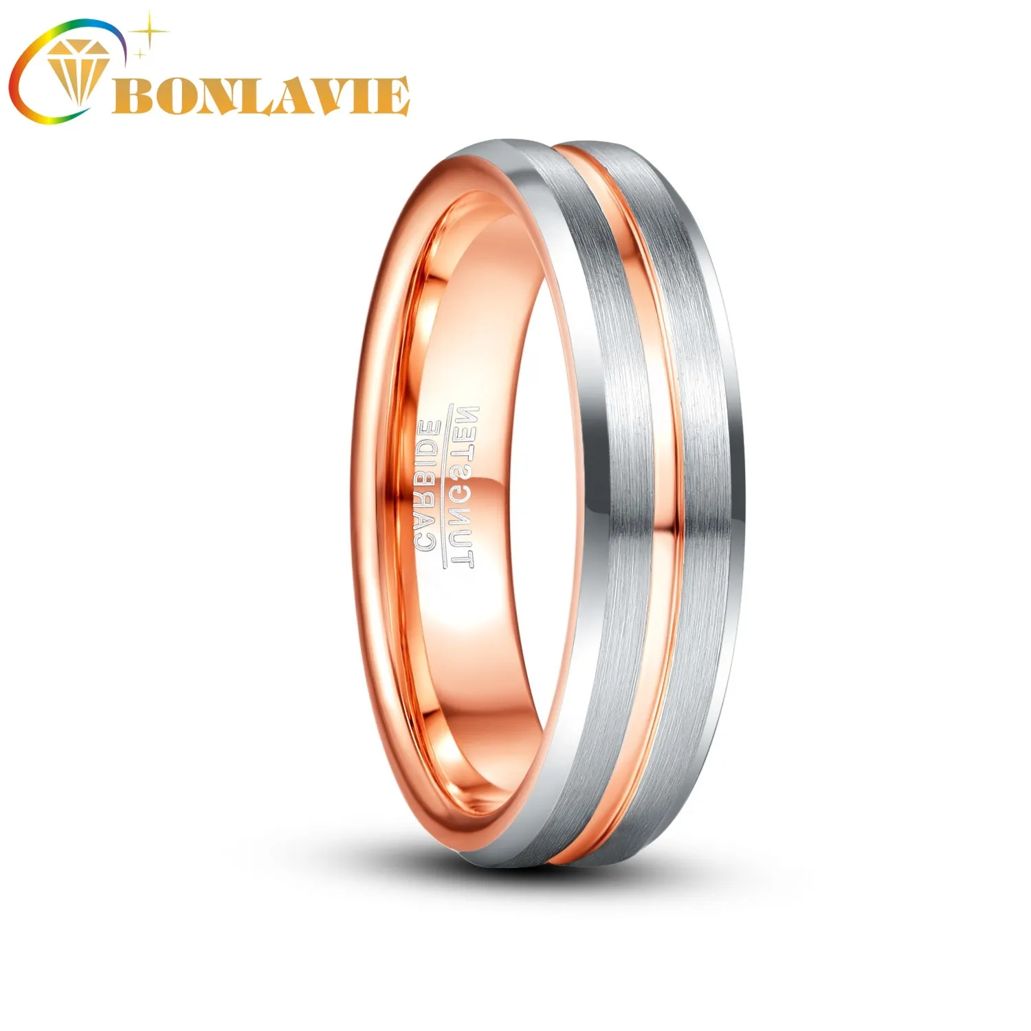 

BONLAVIE 6mm Frosted Inner Rose Gold Groove Men Ring Silver Color Tungsten Carbide Engagement Jewelry
