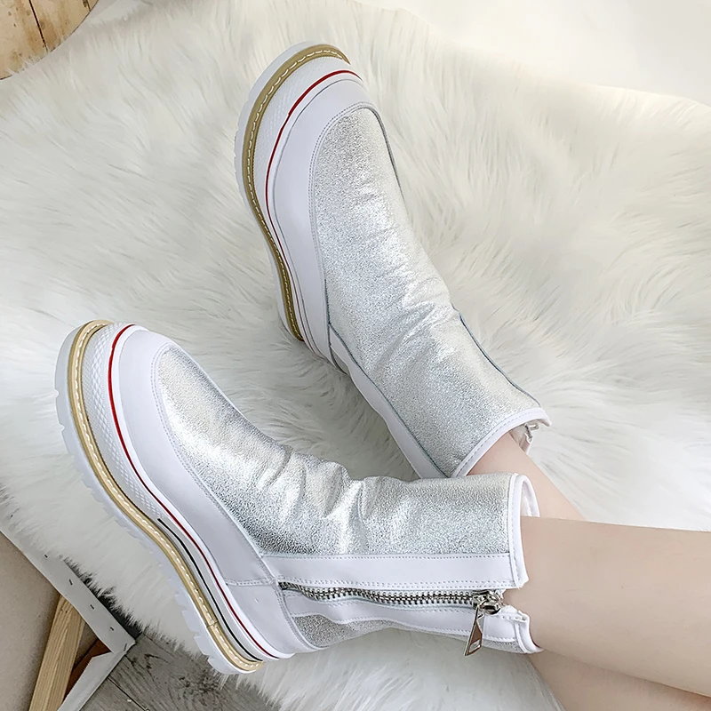 Rimocy Chunky Platform Mid Calf Boots Women Silver Pu Leather Waterproof Shoes Woman Fashion Mixed Color Zipper Mujer |