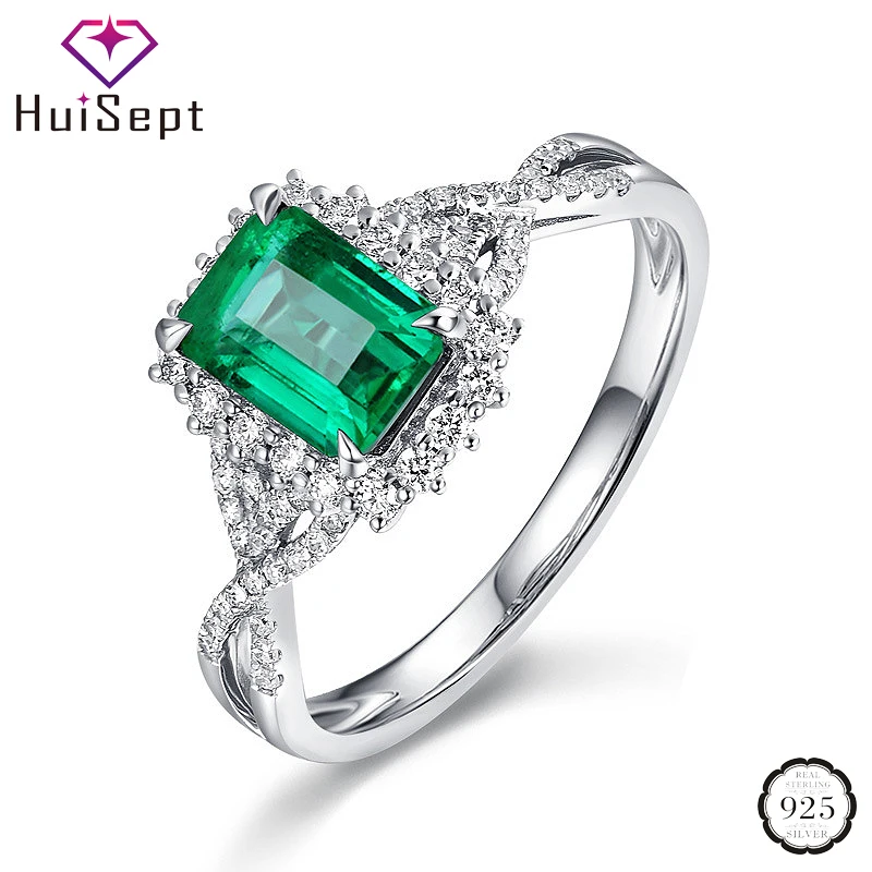 

HuiSept 925 Silver Jewelry Ring for Women Rectangle Shape Emerald Zircon Gemstone Classic Ornament Ring Wedding Party Wholesale