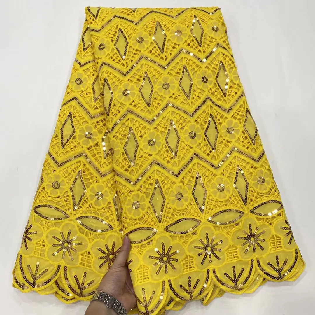 

Beautiful Yellow Chiffon Guipure Lace Italia Nigerian African Costume Sequins Cord Lace Asoebi Fabric 5 Yards