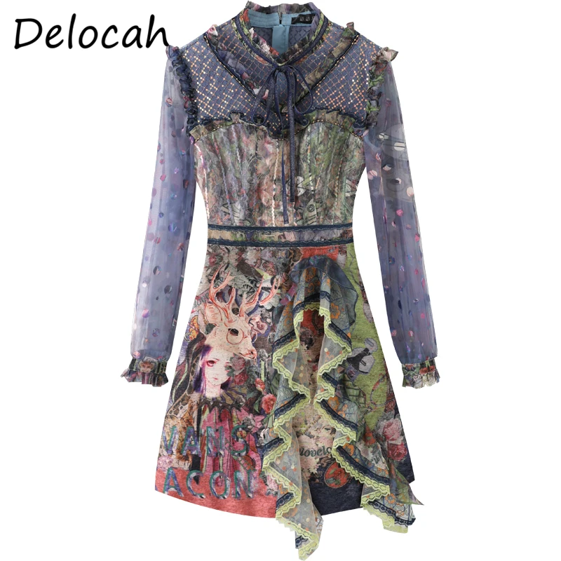 

Delocah Summer Fashion DesignerParty Short Dress Women Long Sleeve Ruffles Lace Bow Printed A-Line Vintage Dresses 2020