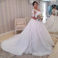 white lace appliques plus size wedding dress with long sleeves lace up back formal gown tulle bride dresses robe de mariee