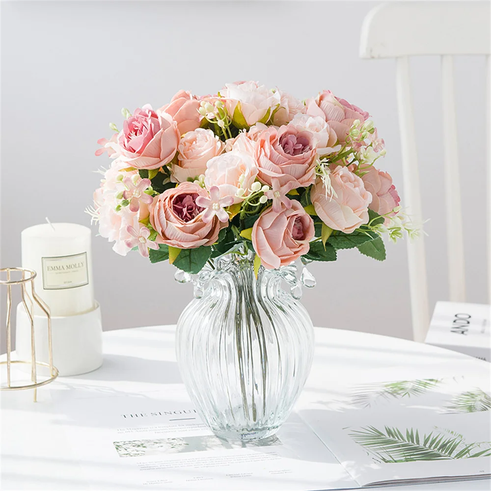 

5 Head Artificial Flower Vase For Home Decoration Accessories Wedding Scrapbook Peony Candy Box Arrangement Silk Rose Bouquet