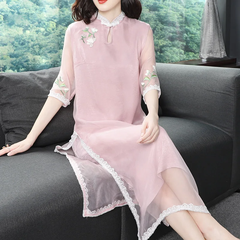 95% Real Silk Summer Dress 2020 Vintage Elegant Midi Dress Women Clothes Cheongsam Ladies Dresses Pink Dress Vestidos Ptz199707