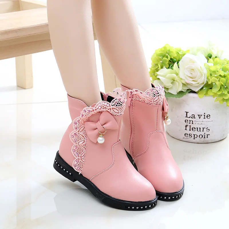 

2021 Autumn Winter Children Shoes PU Leather Waterproof Fashion Lace Bowkont Girls Mid-calf Boots Kids Snow Boots Rubber Sneaker