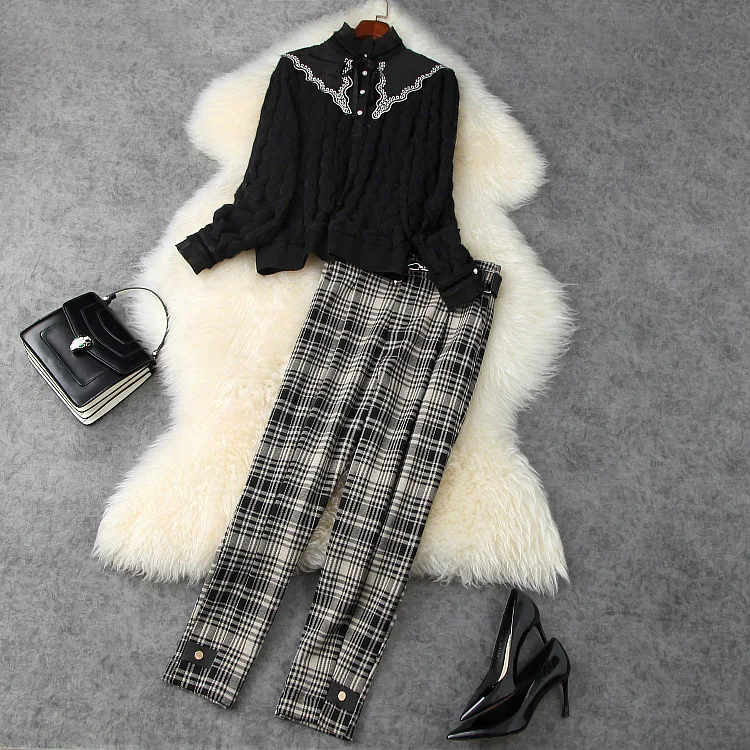 

Женская одежда в европейском и американском стиле, новинка зимы 2020, стильная рубашка с длинным рукавом и вышивкой, модные бриджи в клетку, ко...