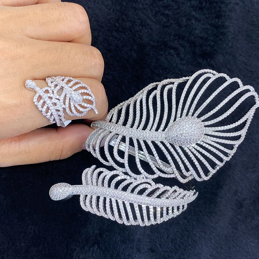 

missvikki Luxury African Nigerian Big Feather Shape Bangle Ring Sets Jewelry Set For Women Wedding brincos para as mulheres New