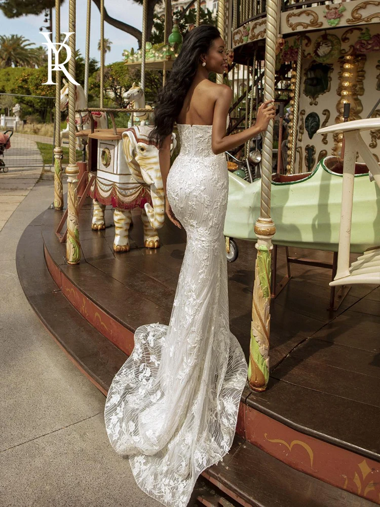 

YILIBER Mermaid wedding dress detachable long sleeves tube top bridal dresses luxury retro embroidery applique lace skirt plus s