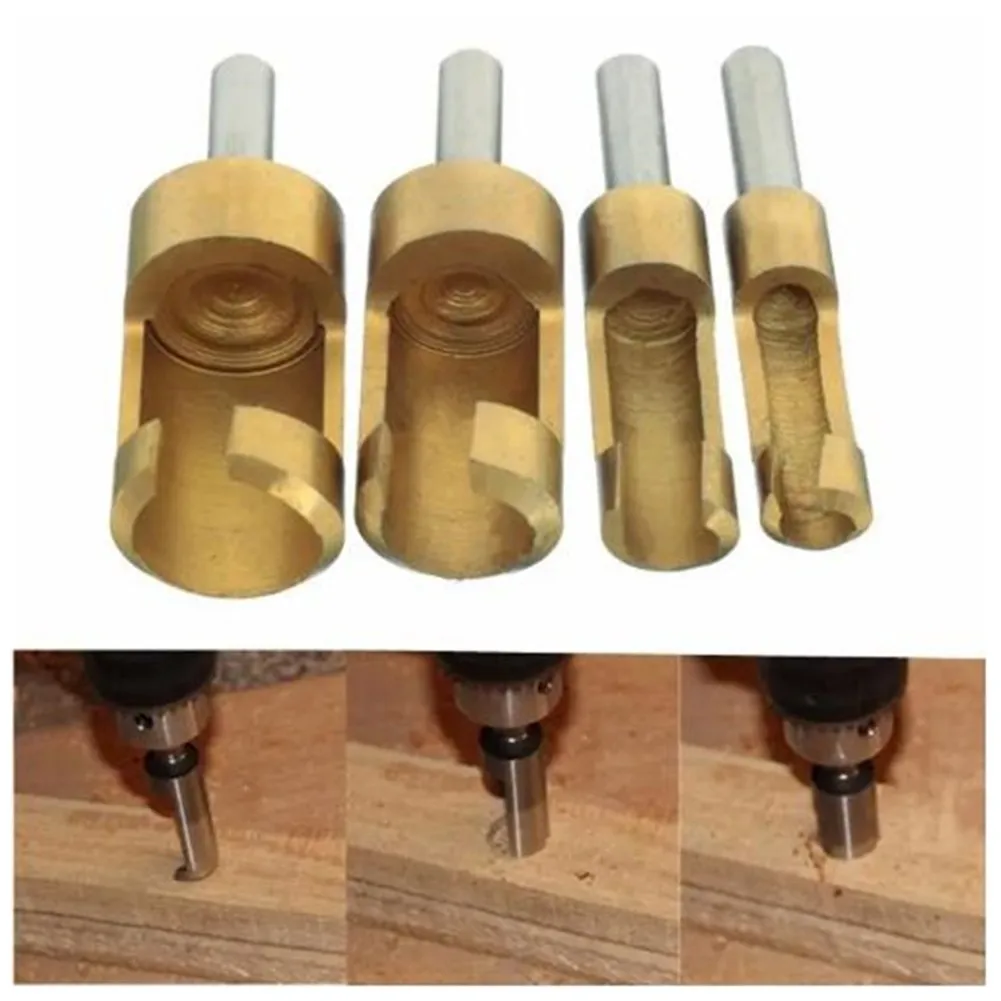 

4Pcs Titanium Coated Shank Barrel Cork Drill Bit Plug Cutter Hole Saw Woodwork Drill Bits Wood Plug Cutter Drills