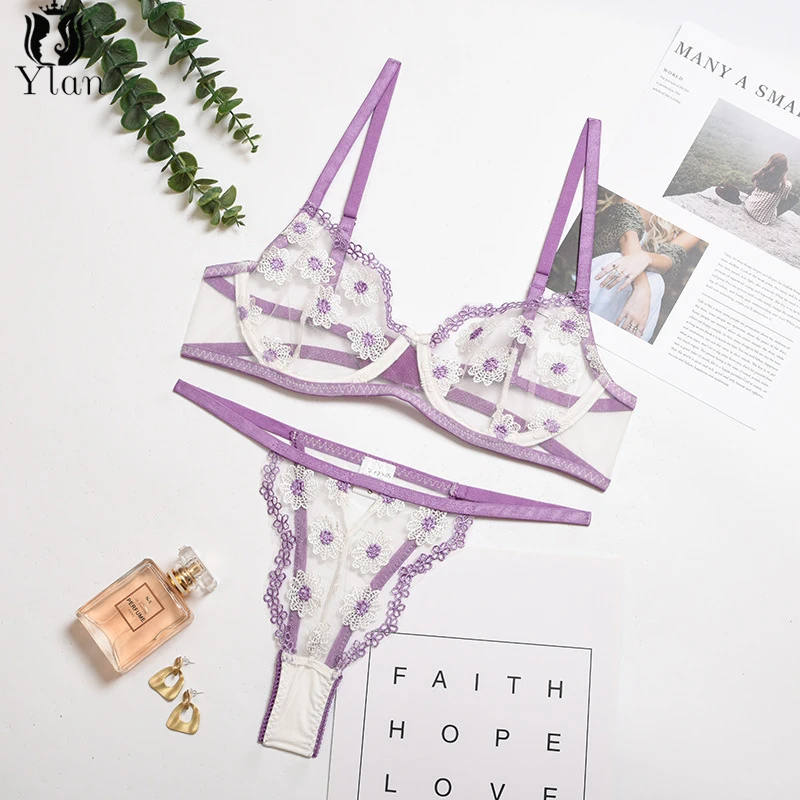 Комплект женского нижнего белья из 2 предметов с цветочной вышивкой | Женская