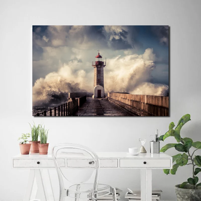 

Lighthouse Cloud Pier Sea Waves Canvas Posters Prints Wall Art Painting Decorative Picture Modern Living Room Home Decoration HD
