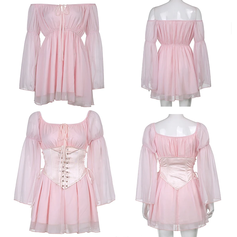 

Rapcopter Chiffon Puff Sleeve Mini Dress y2k Vintage Slash Neck Sundress Female Summer Prom Evening Beach Short Dress 2021 New