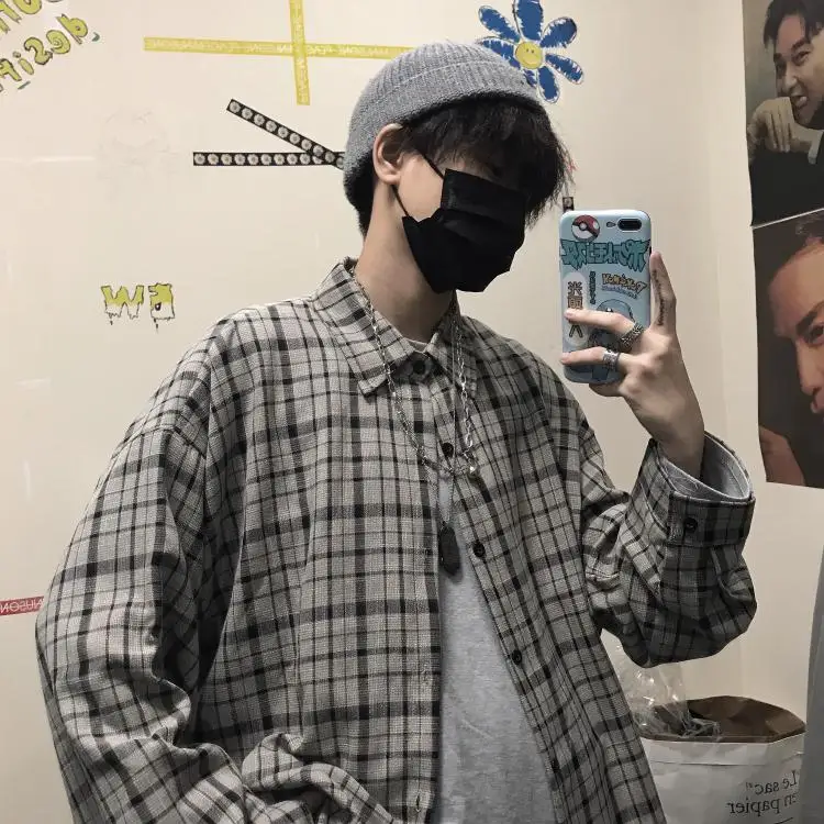 

Shirt men's small square long sleeve Korean style loose plaid shirt Hong Kong style handsome coat student all-match inch shirt