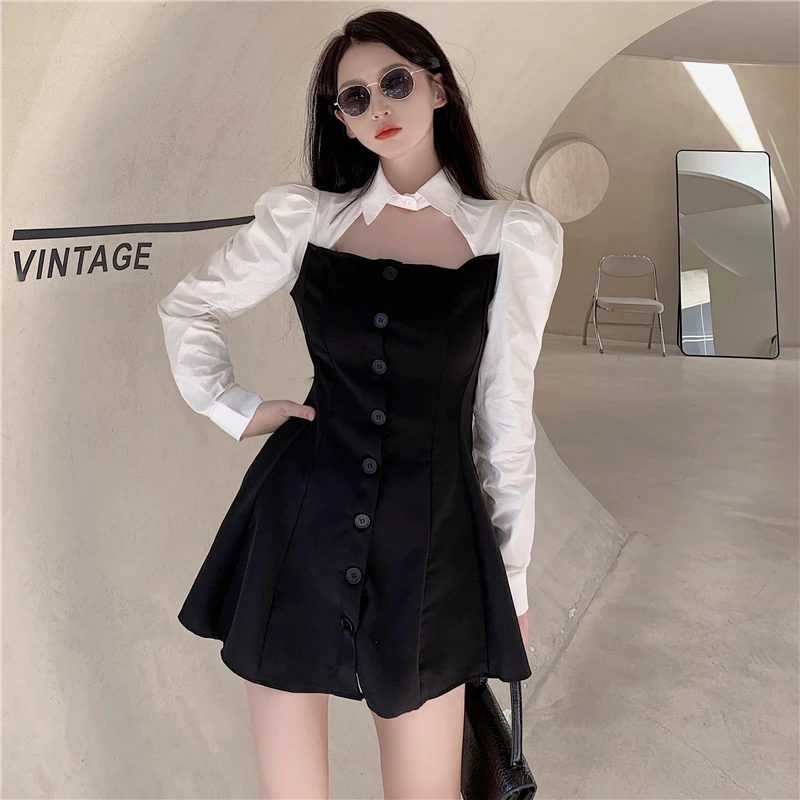 Женское повседневное мини-платье с длинным рукавом Белое и черное платье