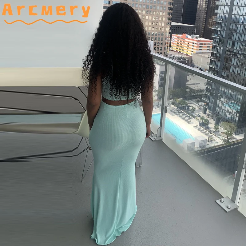 

2 Pieces Skirts Women Sleeveless Top & Bodycon Maxi Skirts