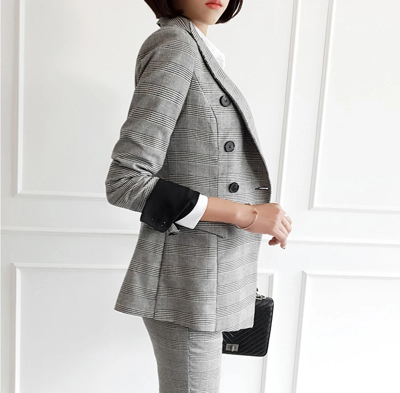 Mozuleva винтажный клетчатый двубортный Женский блейзер костюм набор тонкие женские