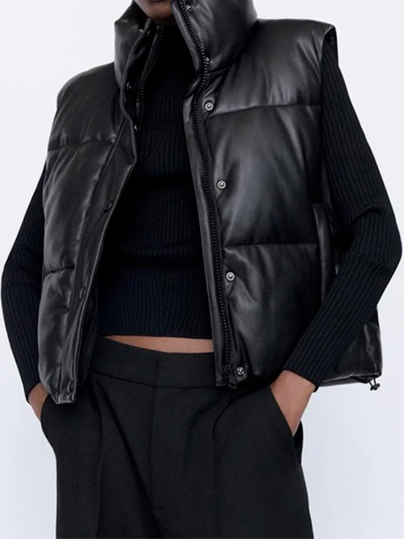 

Осенне-зимняя женская черная теплая жилетка из искусственной кожи, повседневная куртка на молнии без рукавов, женская короткая хлопковая в...