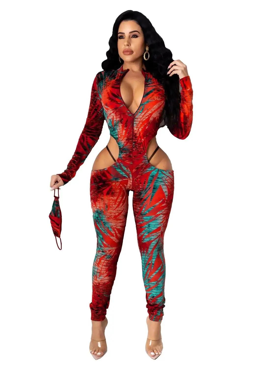 

2021 Fashion Women SerPentine Printed Jumpsuit Long Sleeves Waist Hollow Out+Deep V-Neck Skinny Rompers With A Mask Sexy Female