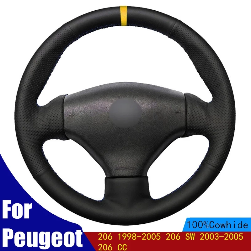 

Car Steering Wheel Cover Yellow Marker Genuine Leather For Peugeot 206 1998-2005 206 SW 2003-2005 206 CC Braid Four seasons