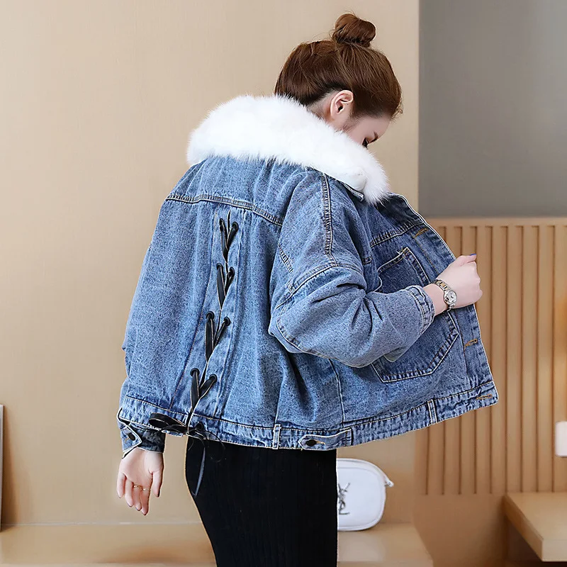 

Velvet Padded Jacket Winter Women Fur Collar Long Sleeve Thick Jeans Jacket Femme Korean Loose Batwing Sleeve Bandage Denim Coat