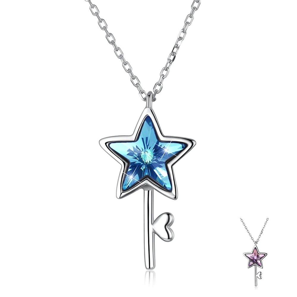 

SILVERHOO 925 Sterling Silver Star Heart Key Pendant Necklaces Colorful Austria Crystal Necklace For Women Jewelry Romantic Gift