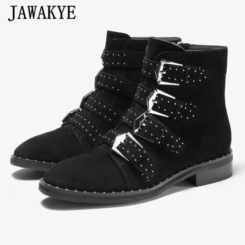 Ботильоны из натуральной кожи с заклепками; женские Ботинки martin с круглым носком и пряжкой на ремешке; женские модные мотоциклетные ботинки; Botas Mujer