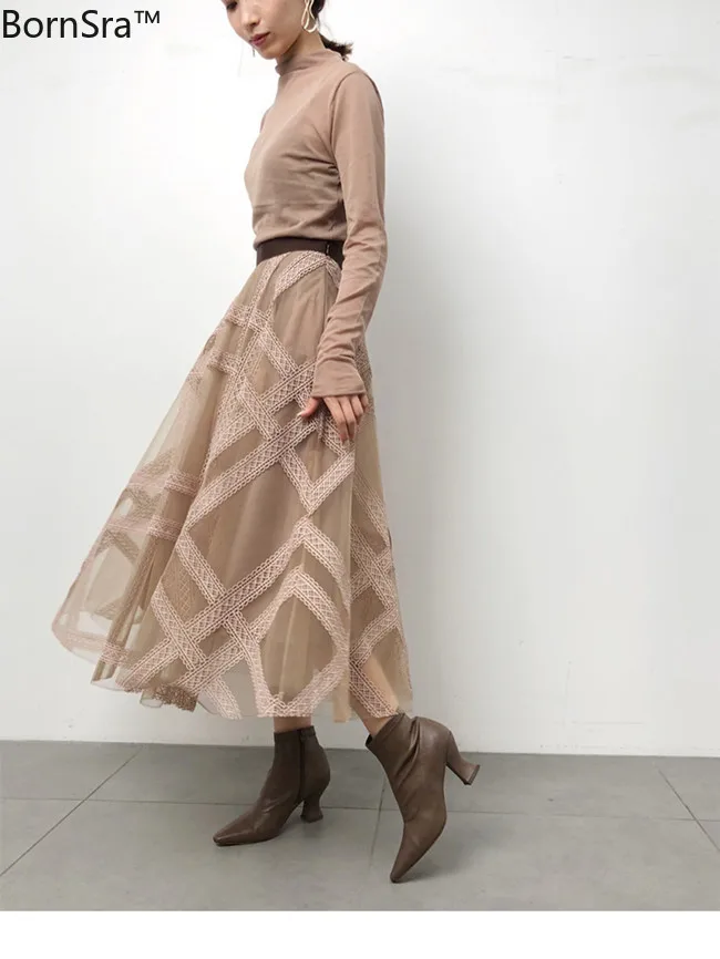 

Bornsra New Lace Mesh Plaid Patchwork Skirt Autumn Winter Japan Style All-match Jupe Elegant High Waist A-line Skirts