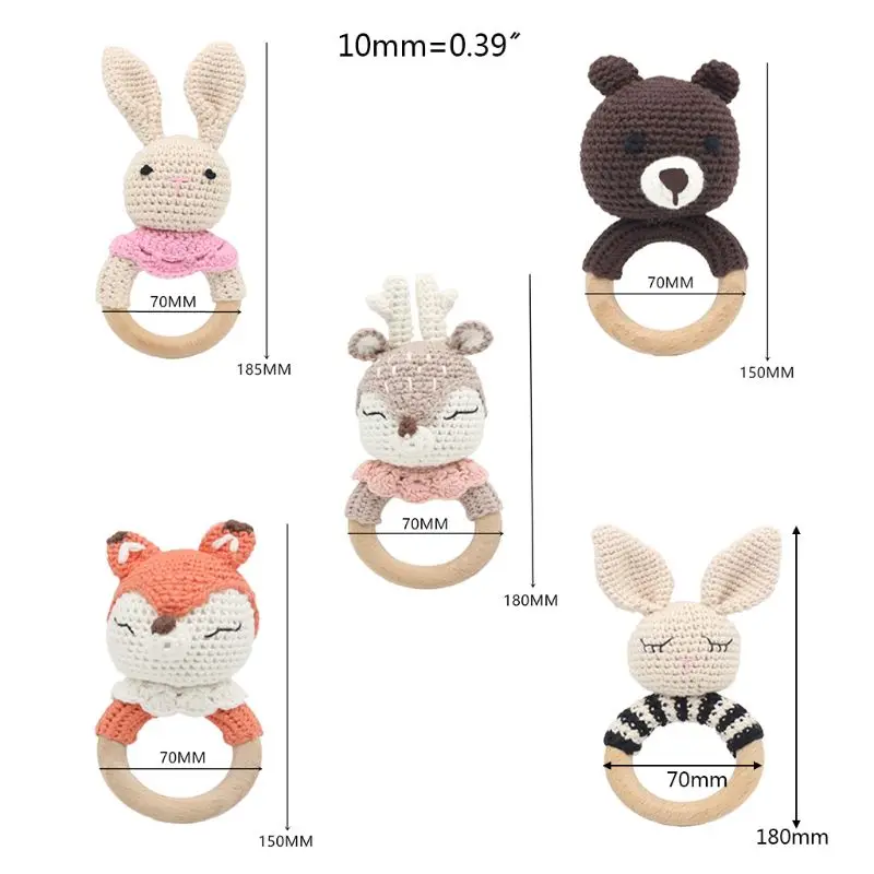 

New Crochet Wooden Ring Baby Teether Animal Rattle Chewing Teething Nursing Soother Molar Infant Toy Accessory