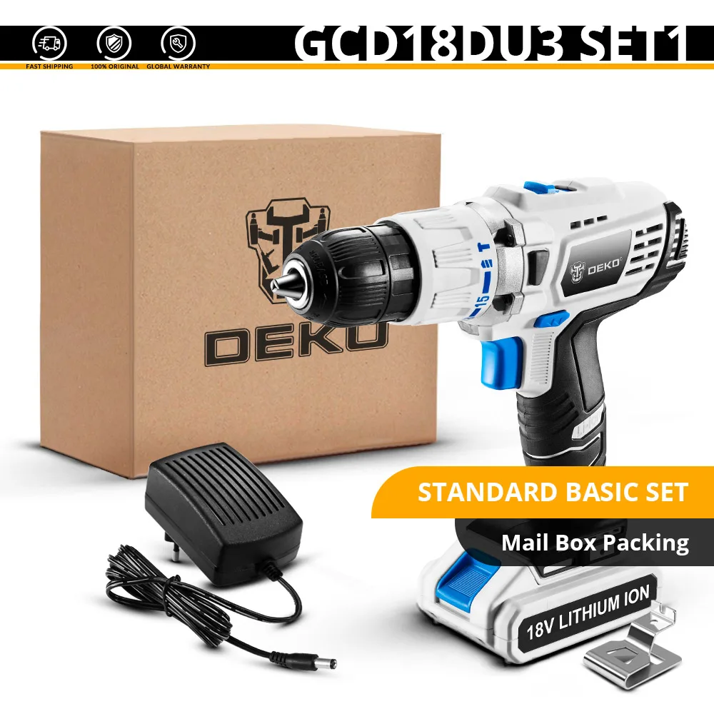 DEKO GCD18DU3 DC 18 в электрическая отвертка аккумуляторная дрель ударная мощность Драйвер литиевая батарея 13 мм 50Н. М 2 скорости для деревообработки - Цвет: SET 1