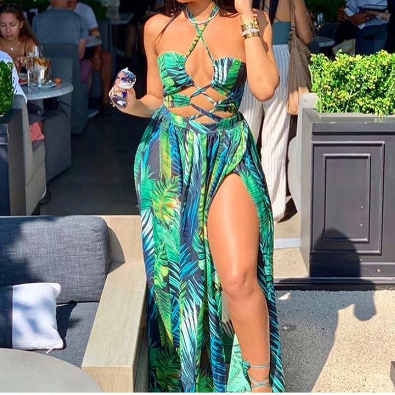 

2020 New print green leaves chiffon beach long dress sexy women halter high split bikini swimsuit bathing suit cover up dress be