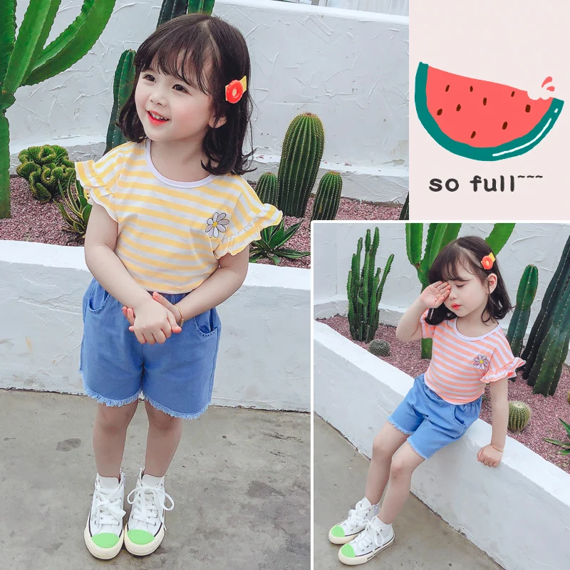 

New Baby Girls Summer Clothing Sets Kids Jeans Round Neck T-shirt Embroidery Small Wrinkle Chrysanthemum Suit